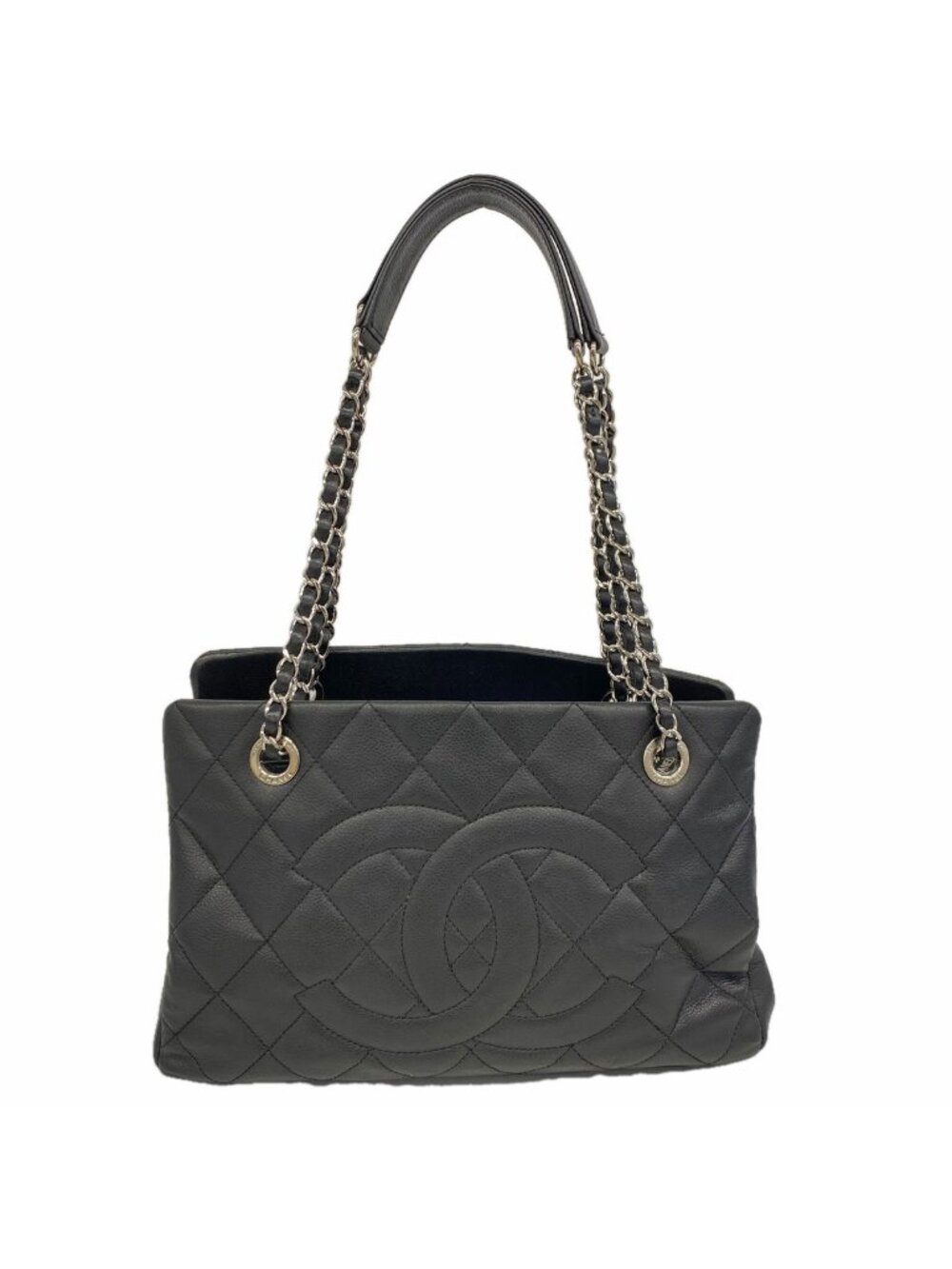 Chanel Chain Tote Bag Quilted Caviar Leather Black Silver